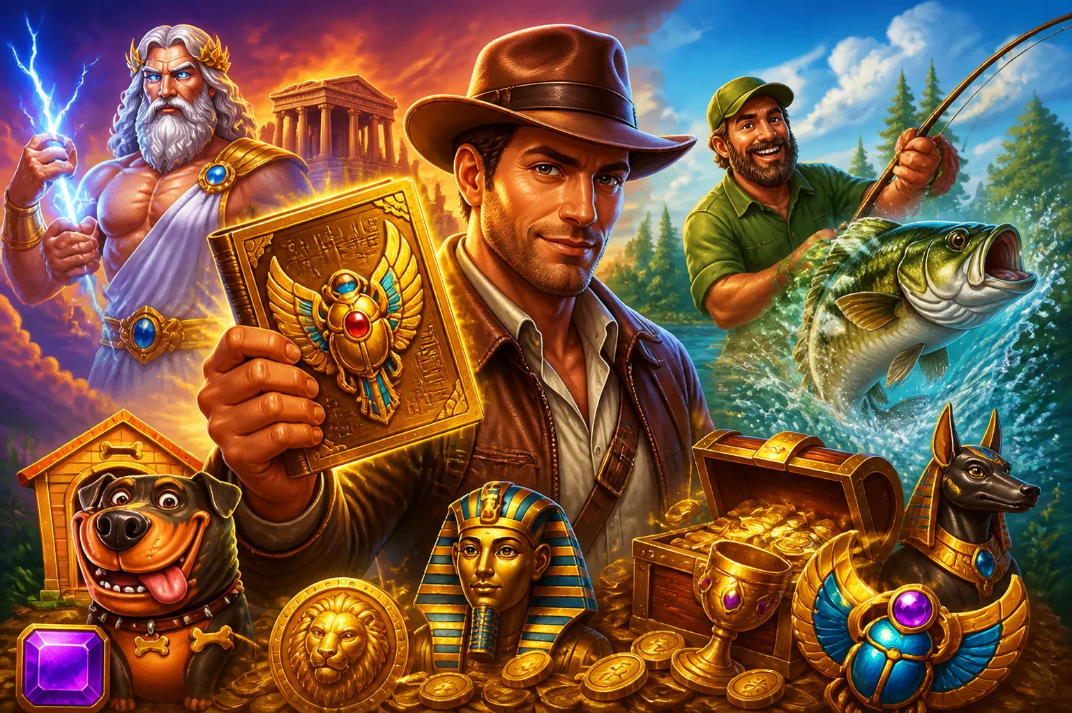 Cinematic artwork featuring vibrant slot game characters and fantasy environment.
