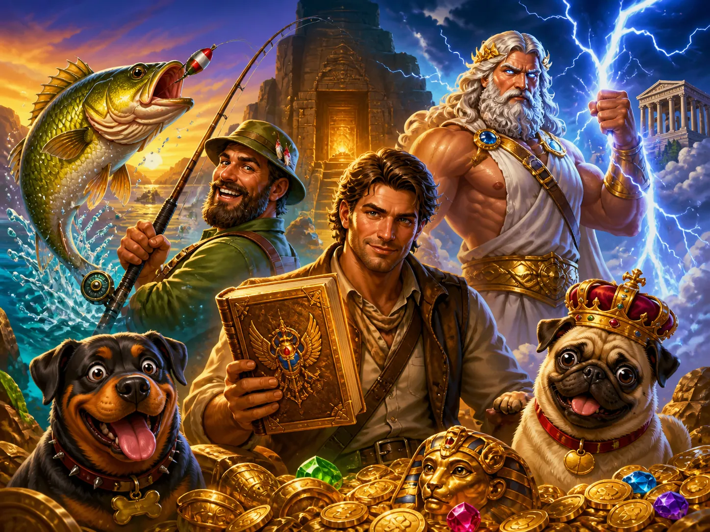 Colorful fantasy slot characters and game world illustration.