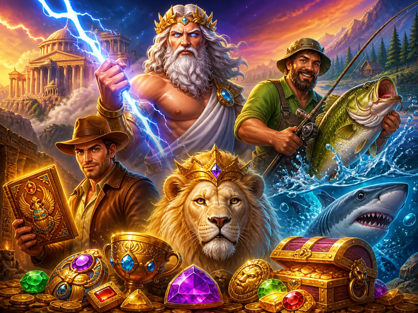 Illustration of mythical slot game with gods, enchanted landscapes, and vibrant colors.